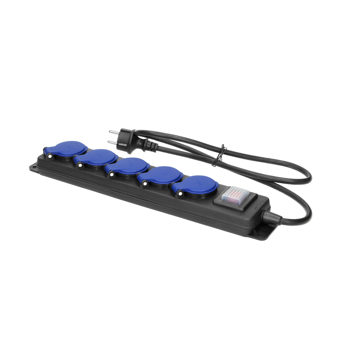 Darbinės jungtuvės su apsauga nuo dulkių ir drėgmės, su jungikliu, 5 lizdai 2P+Z, IP44, guminiu laidu, H05RR-F 3x1,5mm², ilgis 3m - gaukdaugiau.lt