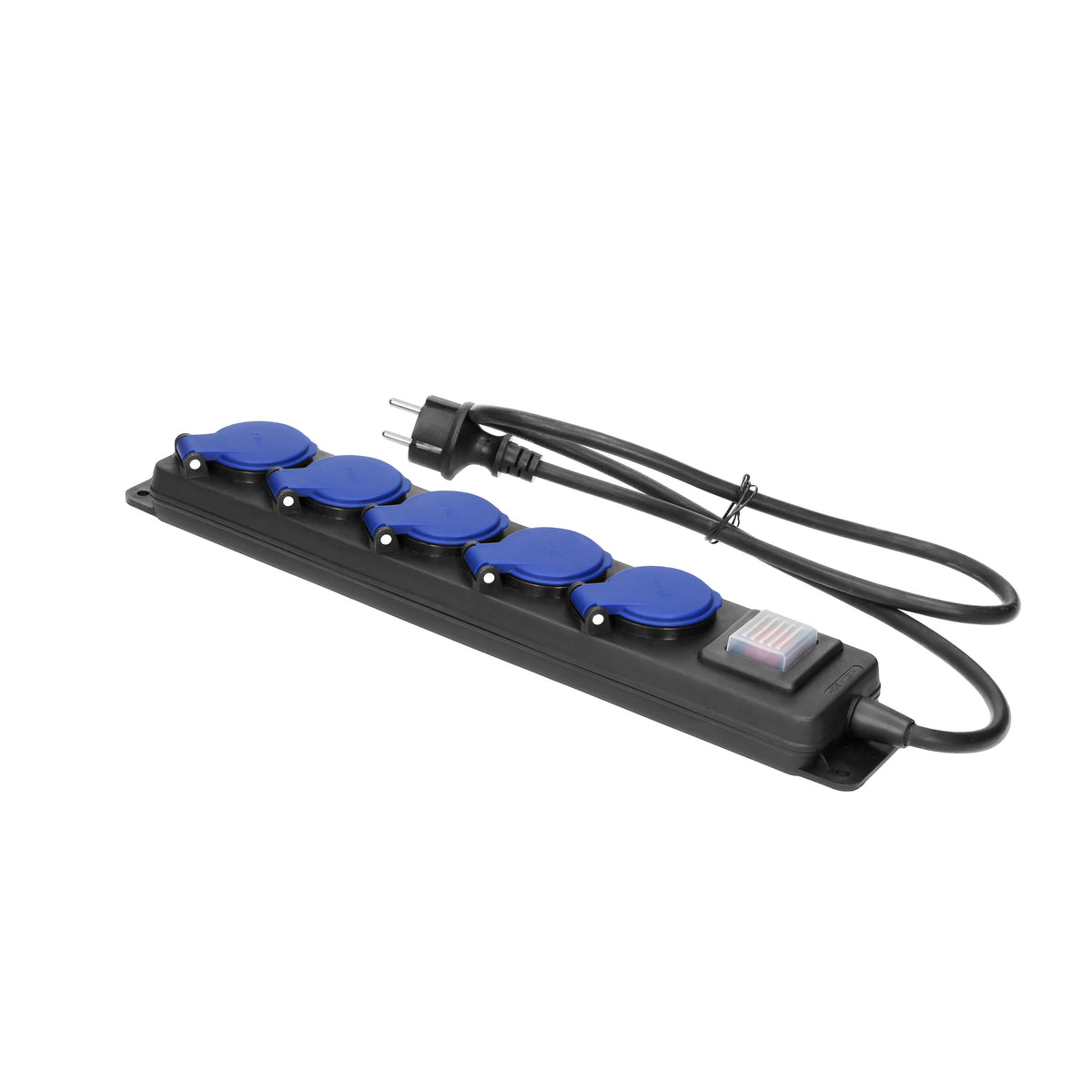 Dirbtuvių pratęsiklis su atsparumu drėgmei ir jungikliu, 5 lizdai 2P+Z, IP44, guminiu laidu, H05RR-F 3x1,5mm², ilgis 5m - gaukdaugiau.lt