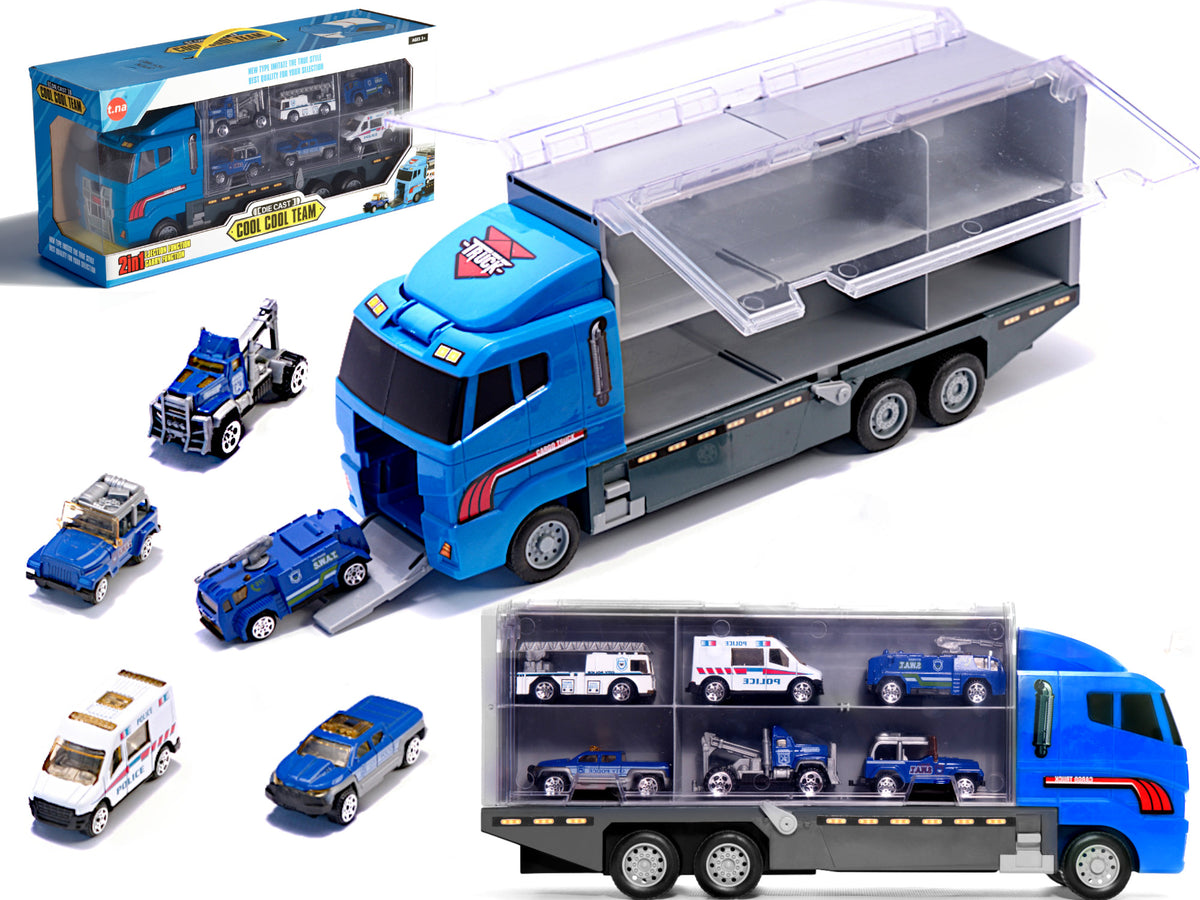 Transporterio sunkvežimis TIR paleidimo įrenginys + metaliniai policijos automobiliai - gaukdaugiau.lt