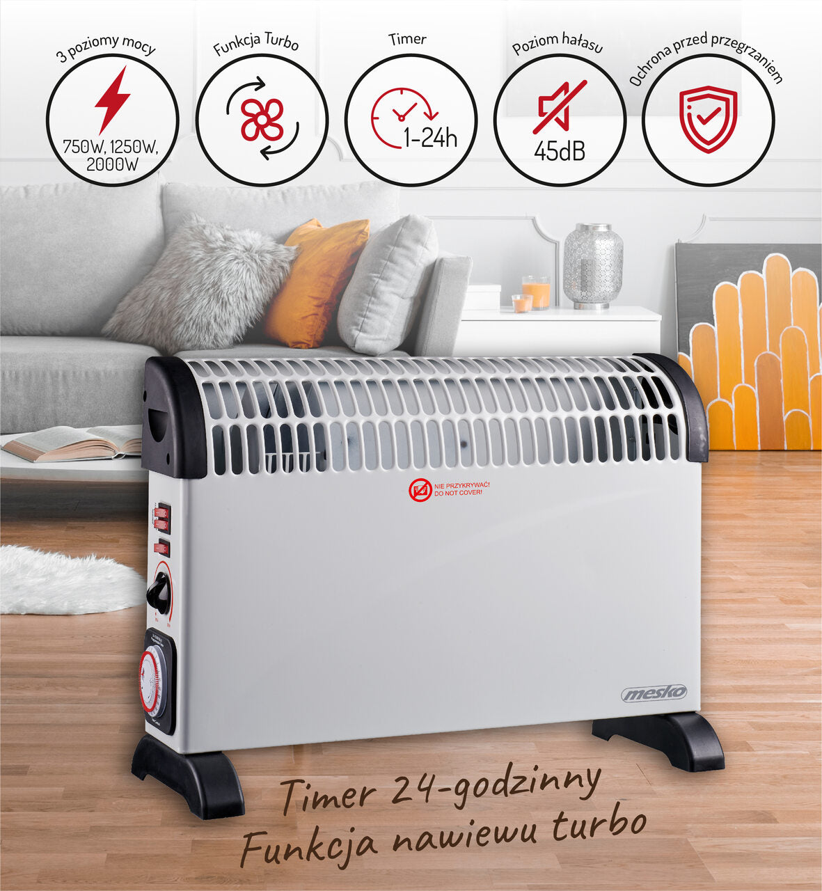 Mesko MS 7741w elektrinis konvektorinis šildytuvas, laikmatis, turbo ventiliatorius, termostatas <45dB 2000W - gaukdaugiau.lt