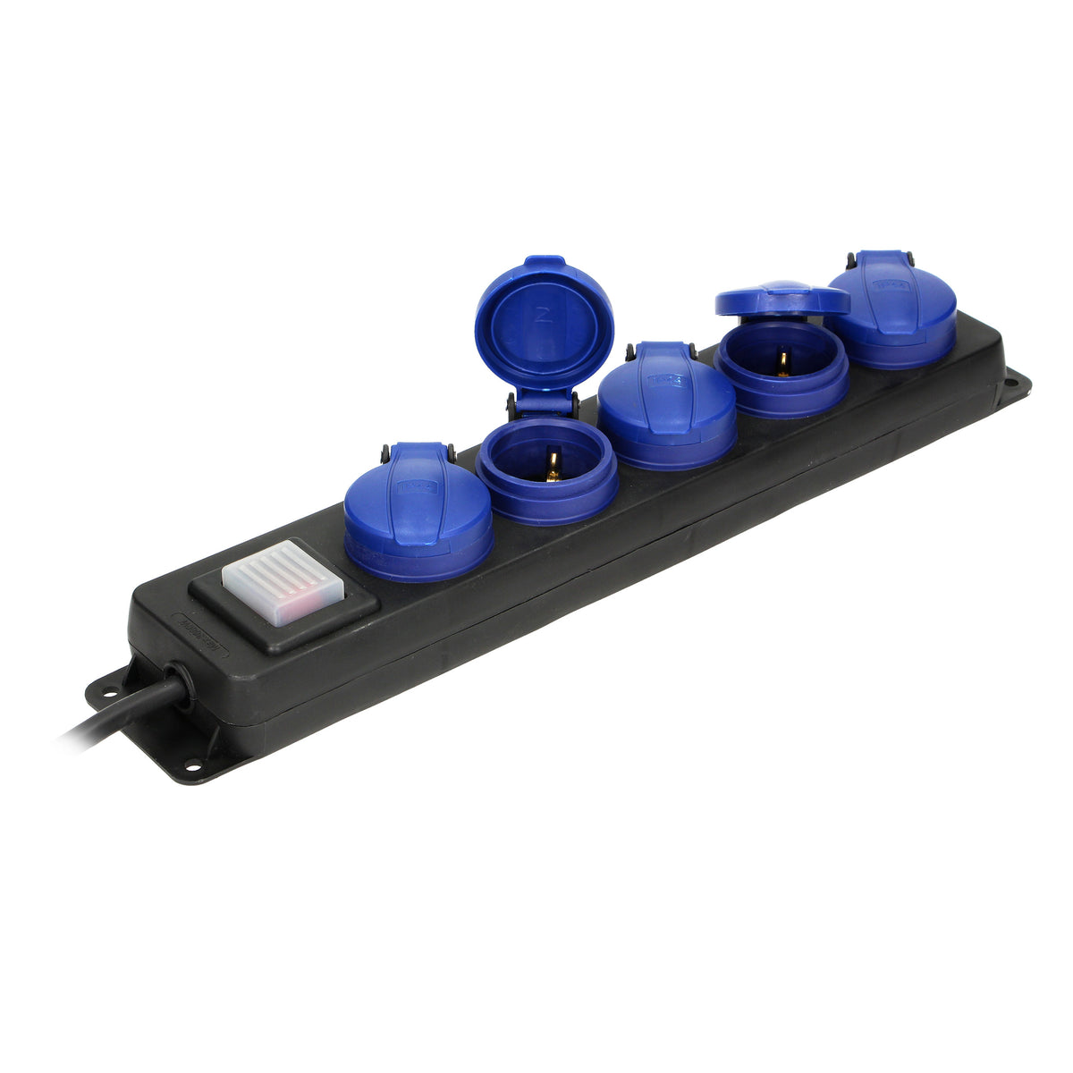 Dirbtuvių pratęstuvas su atjungikliu, atsparus įšlakoms, 5 lizdai 2P+Z (schuko), IP44, guminiu laidu, H05RR-F 3x1,5mm², ilgis 5m - gaukdaugiau.lt