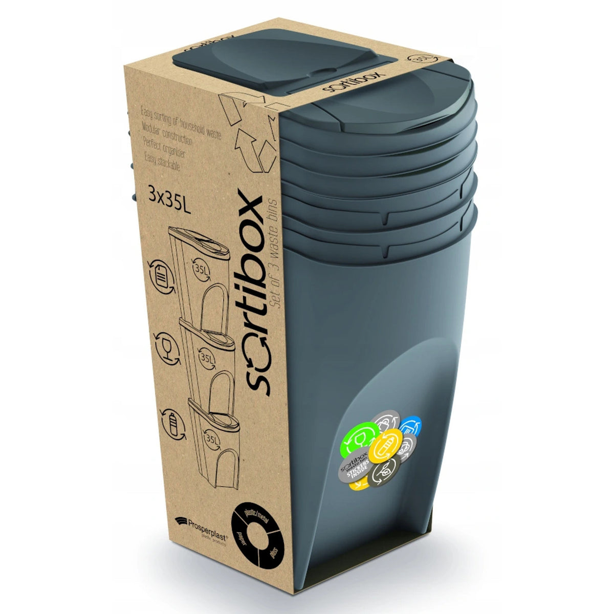 Rūšiavimo dėžių komplektas Sortibox 3x35L pilka - gaukdaugiau.lt