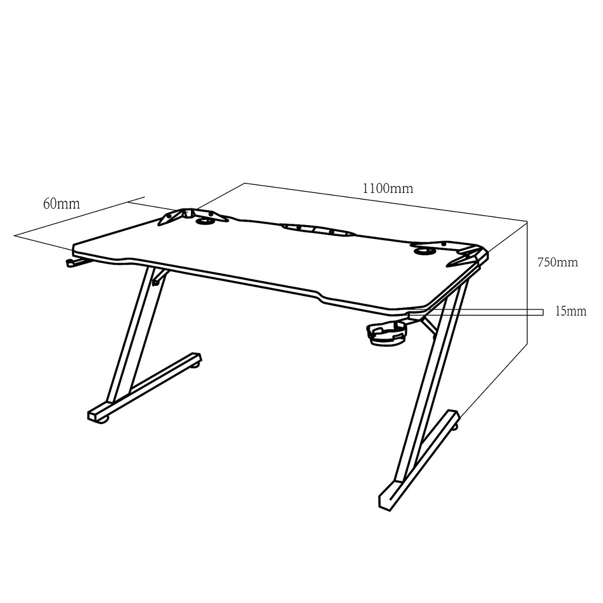 Gaminis stalas juodas didelis PremiumLine, maks. 150 kg, aukštis 750 mm, 110x60x1,5 cm, puodelio ir ausinių laikiklis, RS345 - gaukdaugiau.lt