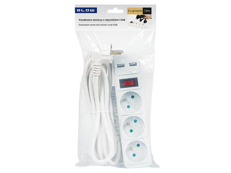98-080# Tinklo pratęsiklis PR-370WSP/USB 3-lizdai+USB su įžeminimu+jungikliu 1,5m baltas 3x1,5mm - gaukdaugiau.lt