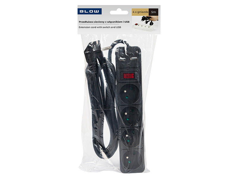 98-779# Tinklo pratęsiklis PR-470WSP/USB 4 lizdai+USB su įžeminimu+jungikliu 5m juodas 3x1,5mm - gaukdaugiau.lt