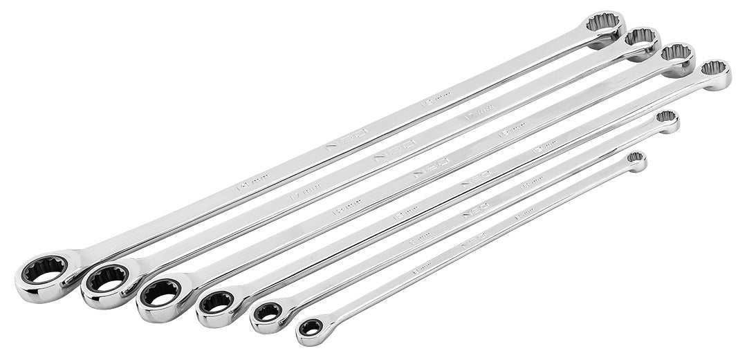 Ilgieji reketiniai žiediniai veržliarakčiai, 6 dalių rinkinys, 8-19 mm, minkštas dėklas - gaukdaugiau.lt
