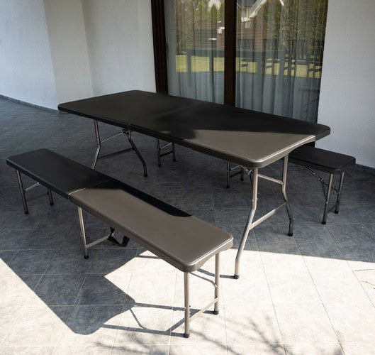 Sodo sulankstomas stalas 180 cm + 2 suolai - juodas - gaukdaugiau.lt
