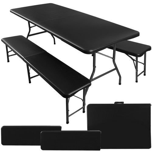 Sodo sulankstomas stalas 180 cm + 2 suolai - juodas - gaukdaugiau.lt