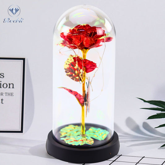 Amžina Rožė Kristalinėje Stiklinėje su LED Apšvietimu, Raudona, Su Drugeliu, 21x11cm - gaukdaugiau.lt