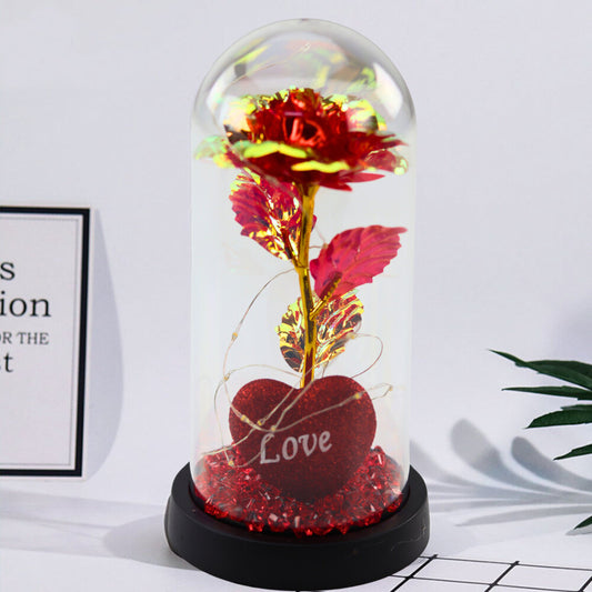 Amžinoji Rožė Dome su LED Apšvietimu, Širdelėmis, Karoliukais, Raudona 21x11cm - gaukdaugiau.lt