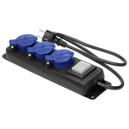 Dirbtuvės pratęstuvas su apsauga nuo dulkių ir drėgmės, jungikliu IP44, 3 lizdai 2P+Z IP44, guminiu laidu, H05RR-F 3x1,5mm², 5m - gaukdaugiau.lt