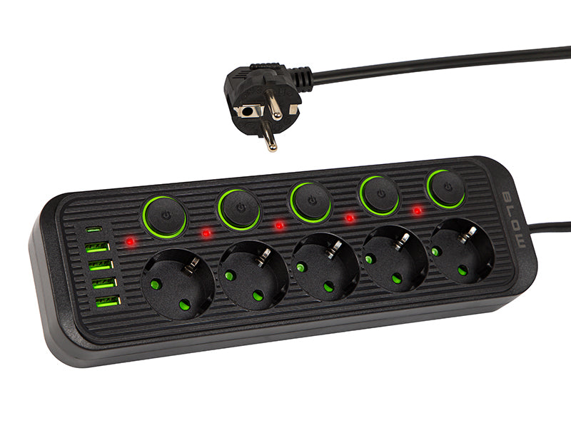 98-209# Tinklo pratęsėjas PS-550S 5-lizdų 4xUSB 1xUSB-C 5m juodas 3x1mm - gaukdaugiau.lt