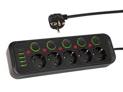 98-209# Tinklo pratęsėjas PS-550S 5-lizdų 4xUSB 1xUSB-C 5m juodas 3x1mm - gaukdaugiau.lt