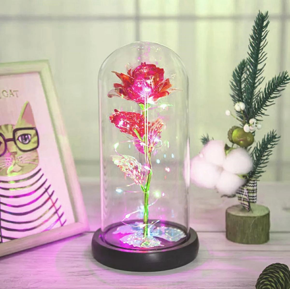 Amžina Rožė LED Stikle su Dovanų Pakuote ir RGB Apšvietimu - gaukdaugiau.lt