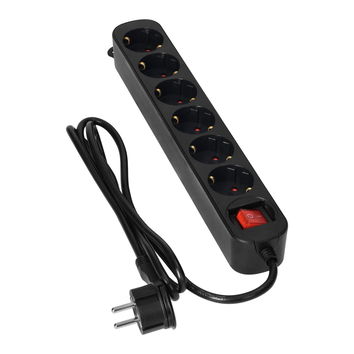 6-išvestis 2P+Z (Schuko) prailginimo laidas, su jungikliu, 3 m H05VV-F 3x1,0 mm², Imax=10 A, plokščias kištukas, juoda - gaukdaugiau.lt