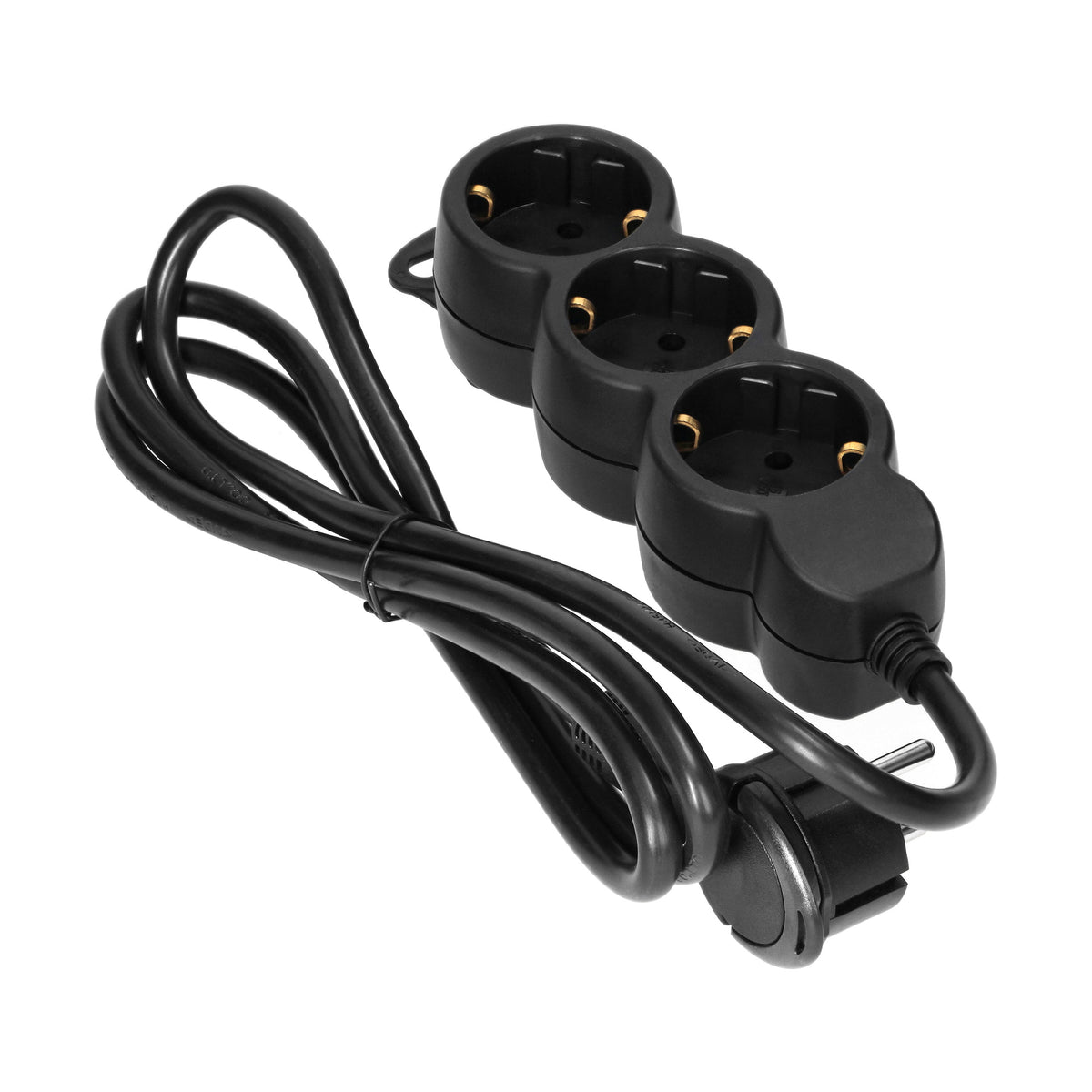 3-išsišakojantis prailgintuvas 2P+Z (Schuko), 3m H05VV-F 3x1,5mm², Imax=16A, plokščia kištukinė lizdo jungtis, juodos spalvos - gaukdaugiau.lt