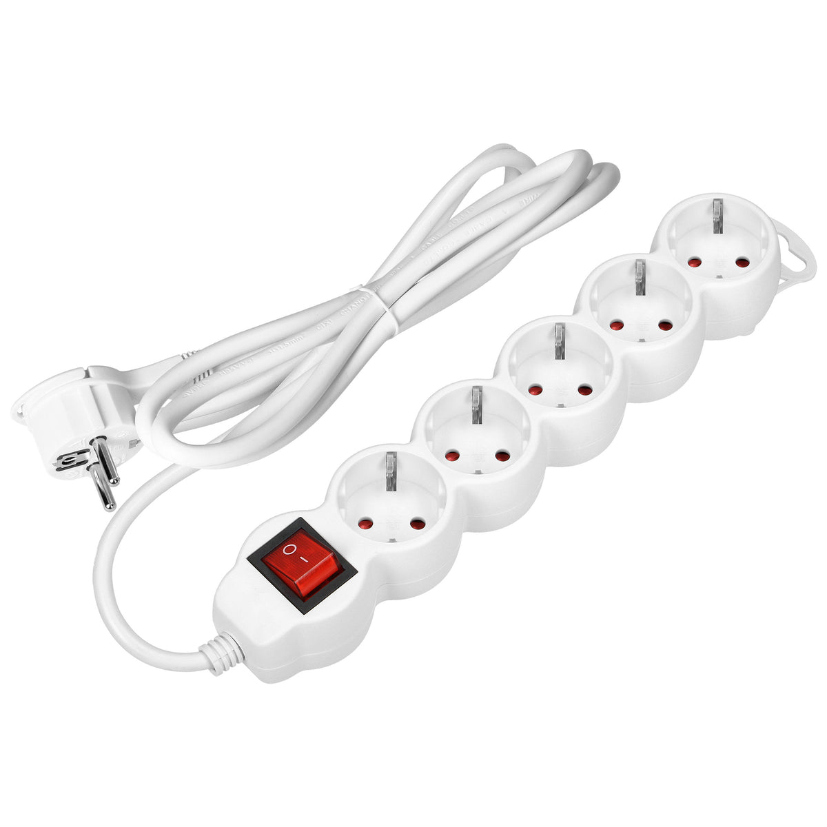 5-išvestis 2P+Z (Schuko) prailginamasis laidas, su jungikliu, 5 m H05VV-F 3x1,5 mm², Imax=16 A, plokščias kištukas, baltas - gaukdaugiau.lt