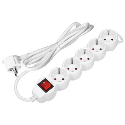 5-išvestis 2P+Z (Schuko) prailginamasis laidas, su jungikliu, 5 m H05VV-F 3x1,5 mm², Imax=16 A, plokščias kištukas, baltas - gaukdaugiau.lt
