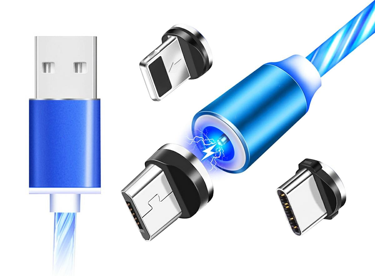 3-in-1 LED Magnetinis Kabelis su Mėlynu Apšvietimu 1m - gaukdaugiau.lt