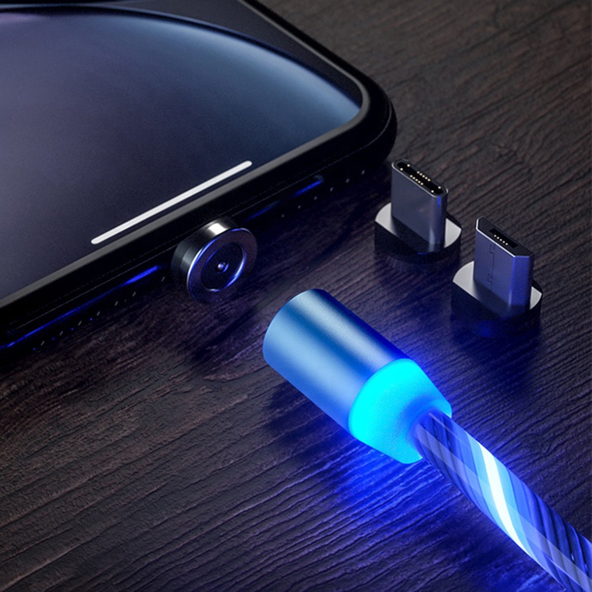 3-in-1 LED Magnetinis Kabelis su Mėlynu Apšvietimu 1m - gaukdaugiau.lt