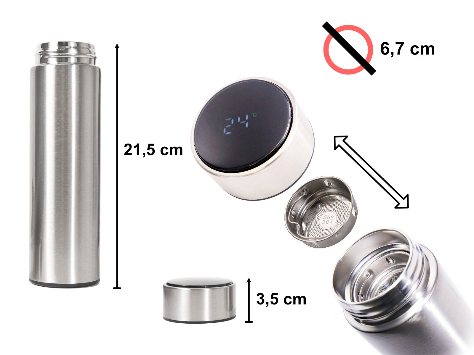 "Thermos" puodelis smart LED 500ml sidabrinis