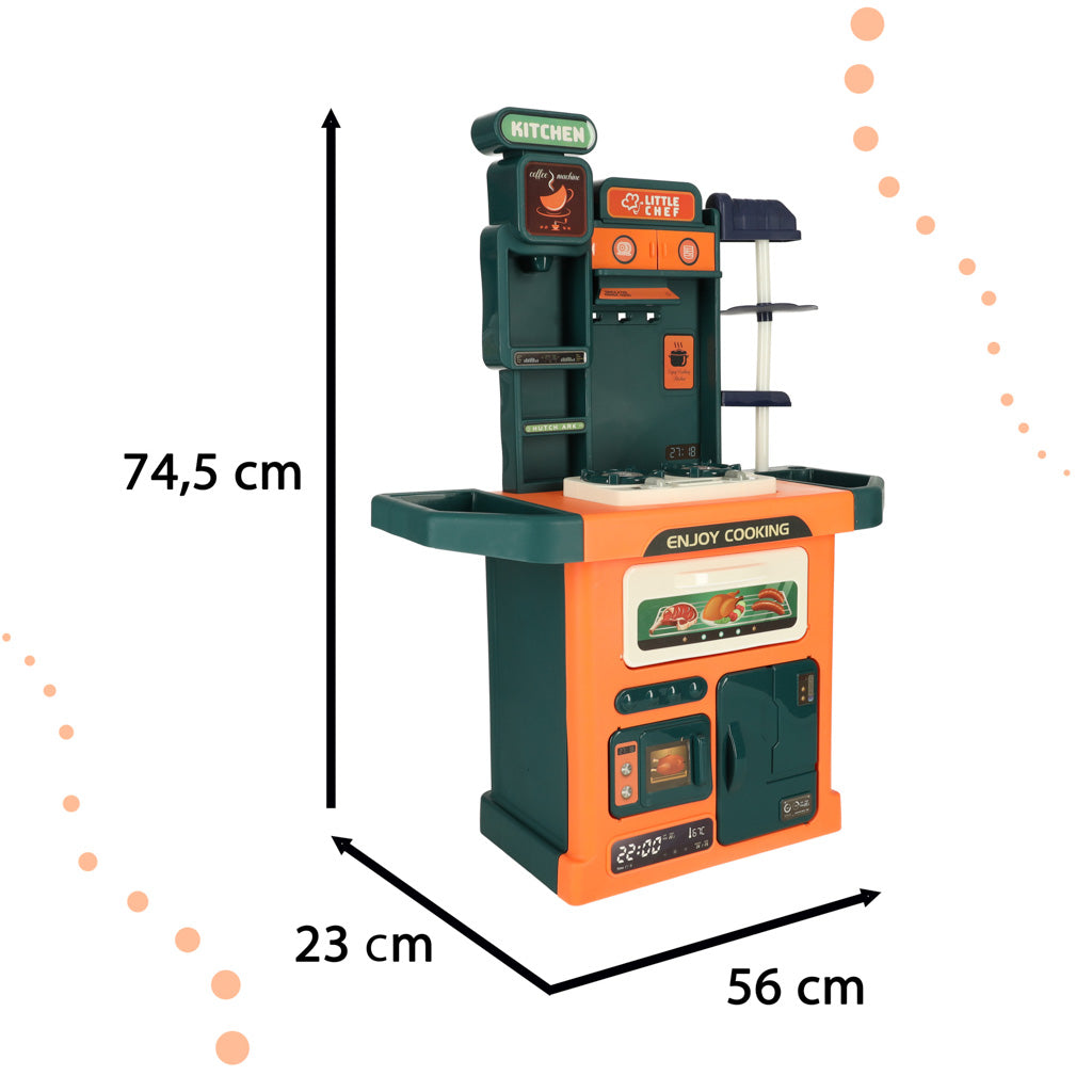 Vaikiška plastikinė virtuvėlė su čiaupo lemputėmis, 77 dalių rinkinys