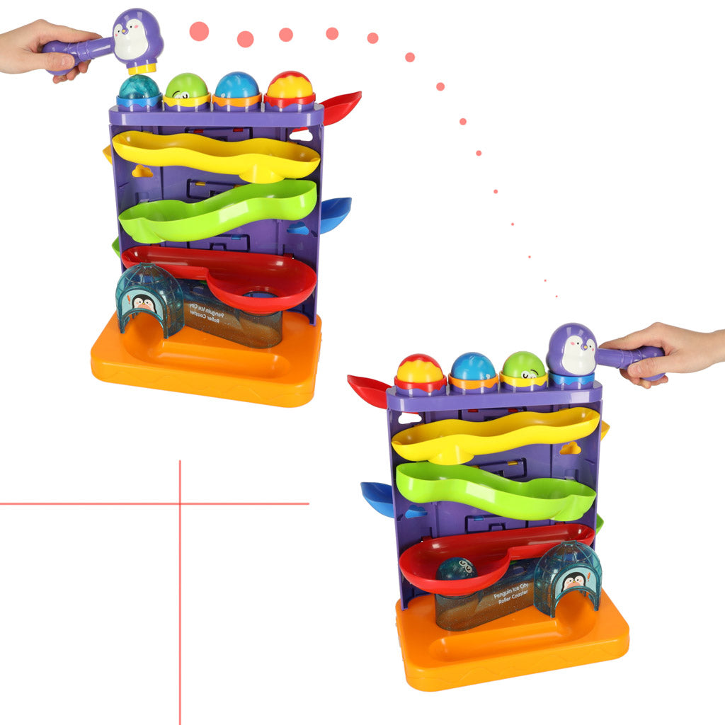 Interaktyvus 3-in-1 kamuoliukų takelis su plaktukais, pingvinas + automobilis