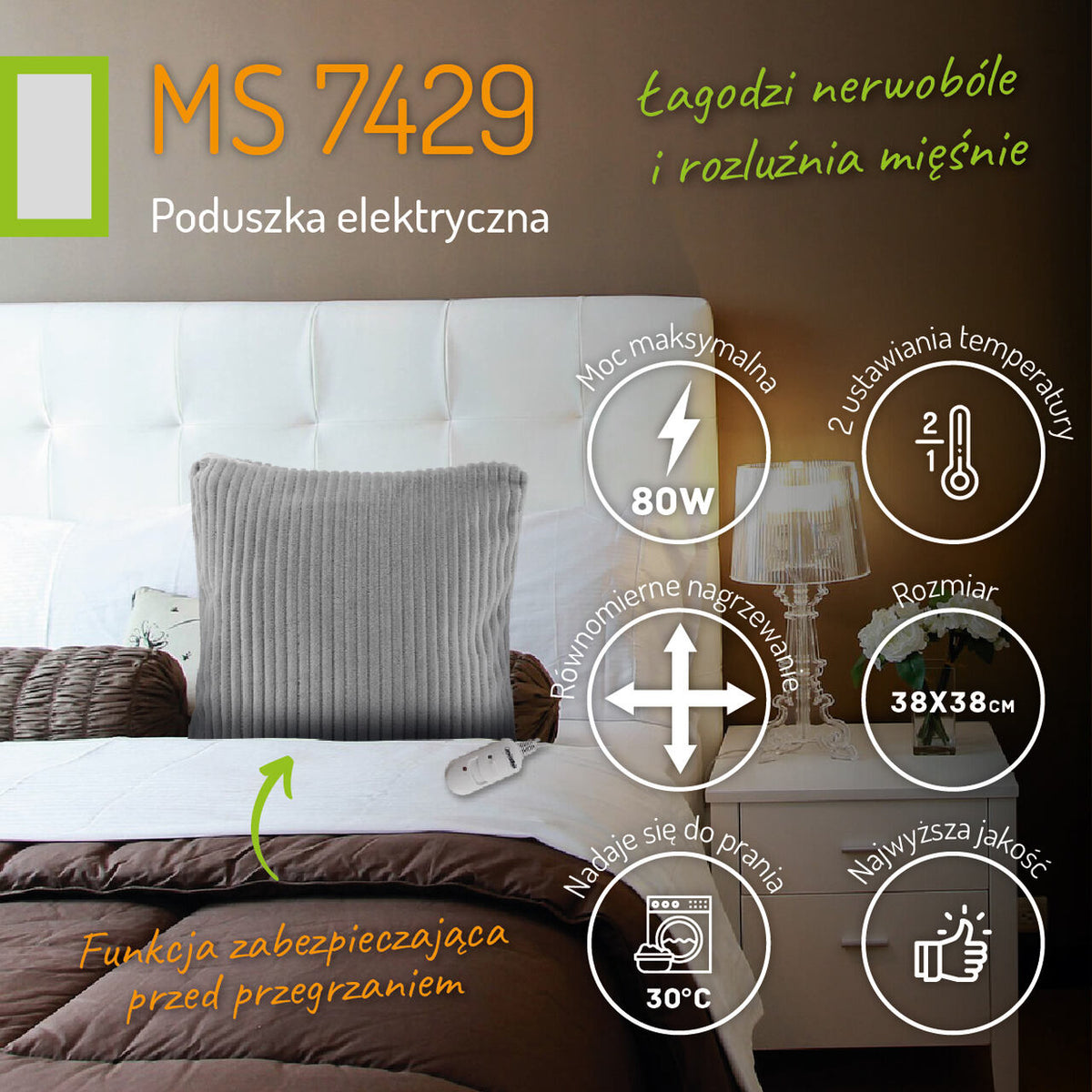 Mesko MS 7429 Elektrinė šildomoji pagalvė 2 temperatūros lygiai nuotolinis valdymas 38x38cm 80W - gaukdaugiau.lt