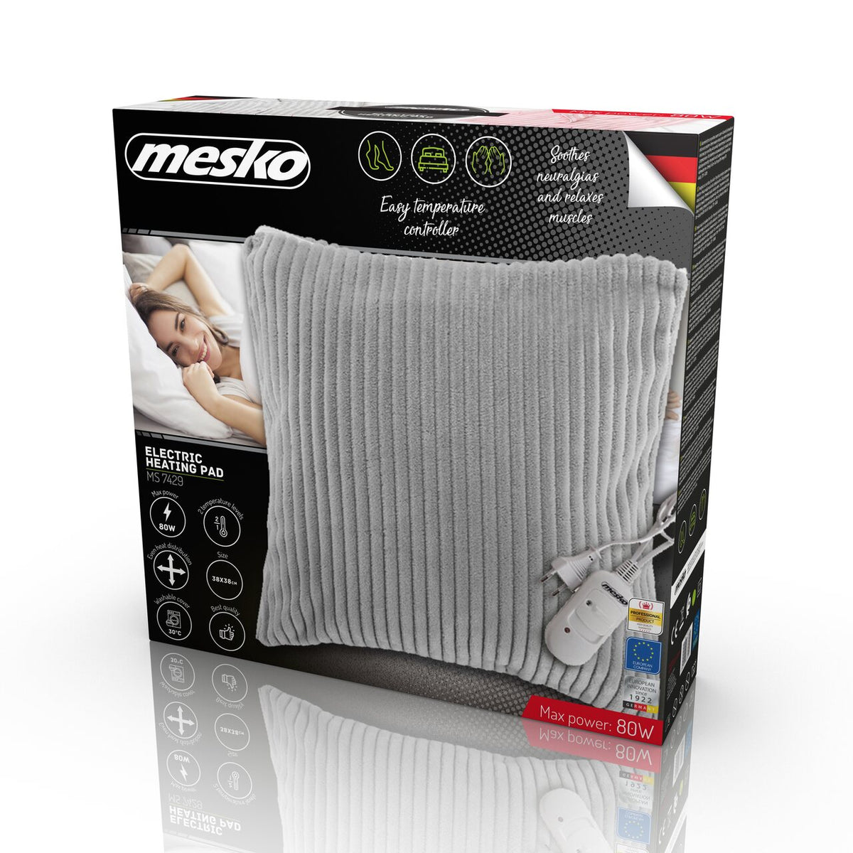 Mesko MS 7429 Elektrinė šildomoji pagalvė 2 temperatūros lygiai nuotolinis valdymas 38x38cm 80W - gaukdaugiau.lt