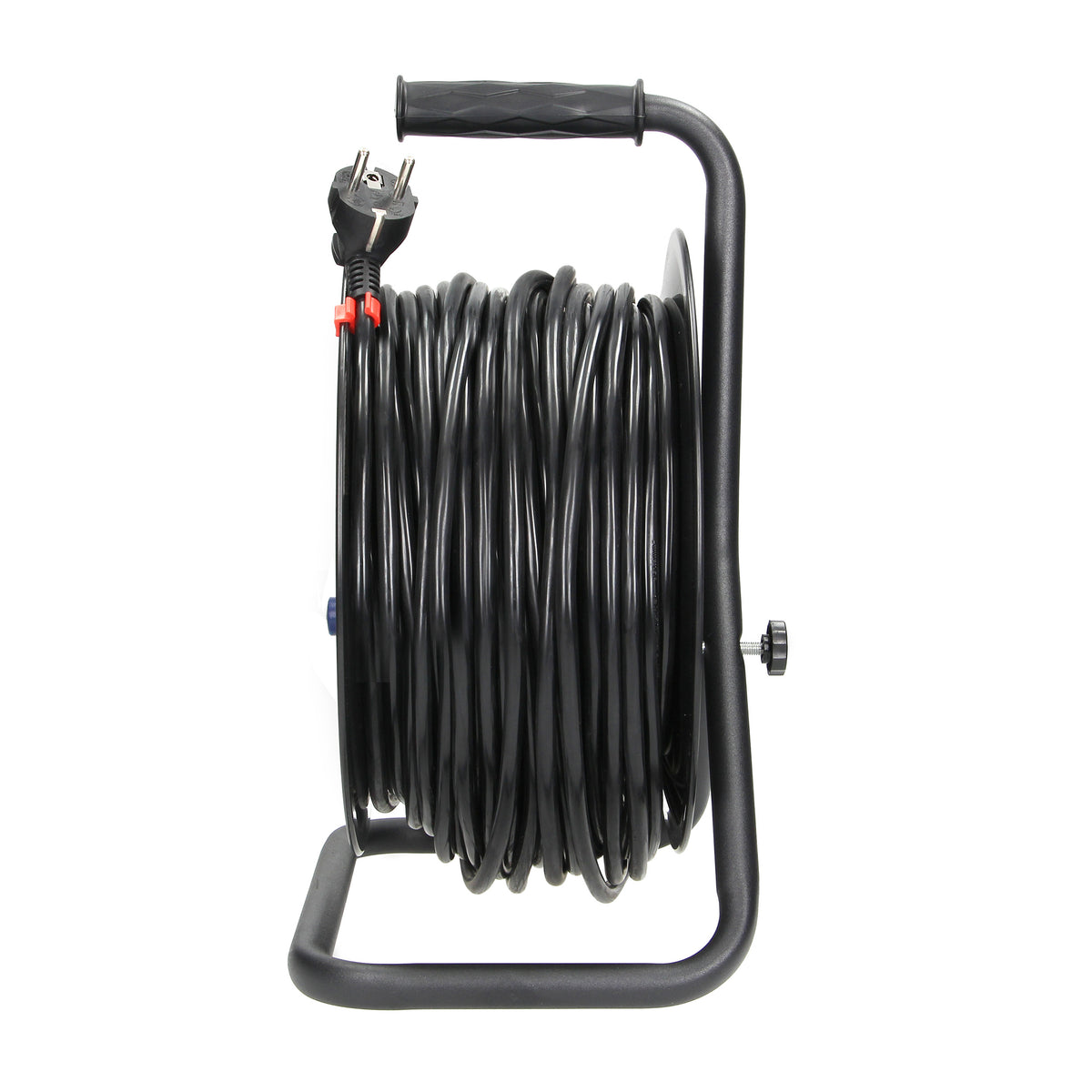 Būgninis prailginimo laidas, 4 lizdai 2P+Z (schuko), PVC laidas H05VV-F 3x1,5mm², ilgis - 50m, FIKSUOTI LIZDAI, terminis jungiklis, srovės taktų uždangos. - gaukdaugiau.lt
