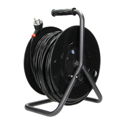 Būgninis prailginimo laidas, 4 lizdai 2P+Z (schuko), PVC laidas H05VV-F 3x1,5mm², ilgis - 50m, FIKSUOTI LIZDAI, terminis jungiklis, srovės taktų uždangos. - gaukdaugiau.lt