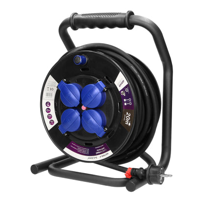 Profesionalus būgninis prailginimo laidas IP44, 4 lizdai 2P+Z (schuko), atsparus alyvai guminiu kabeliu H07RN-F 3x2,5mm2, 20m ilgio, unikali CUBE stovas, FIKSIRUOTOS LIZDOS, terminis jungiklis, srovės takų užtvaros. - gaukdaugiau.lt