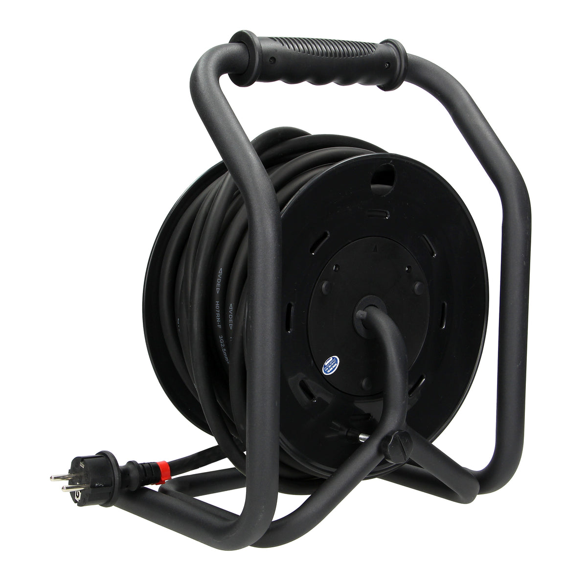 Profesionalus būgninis prailginimo laidas IP44, 4 lizdai 2P+Z (schuko), atsparus alyvai guminiu kabeliu H07RN-F 3x2,5mm2, 20m ilgio, unikali CUBE stovas, FIKSIRUOTOS LIZDOS, terminis jungiklis, srovės takų užtvaros. - gaukdaugiau.lt