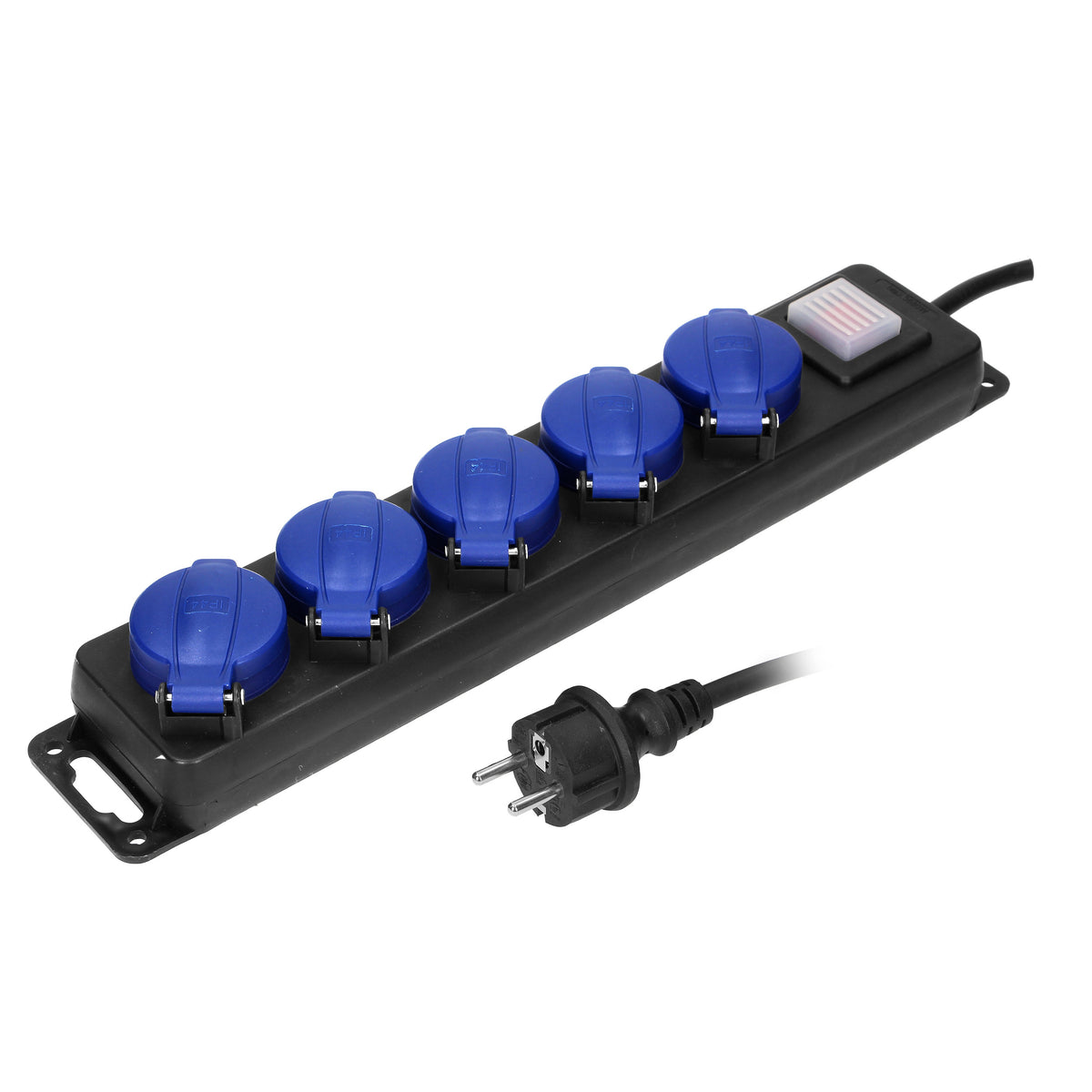 Dirbtuvių pratęstuvas su atjungikliu, atsparus įšlakoms, 5 lizdai 2P+Z (schuko), IP44, guminiu laidu, H05RR-F 3x1,5mm², ilgis 5m - gaukdaugiau.lt