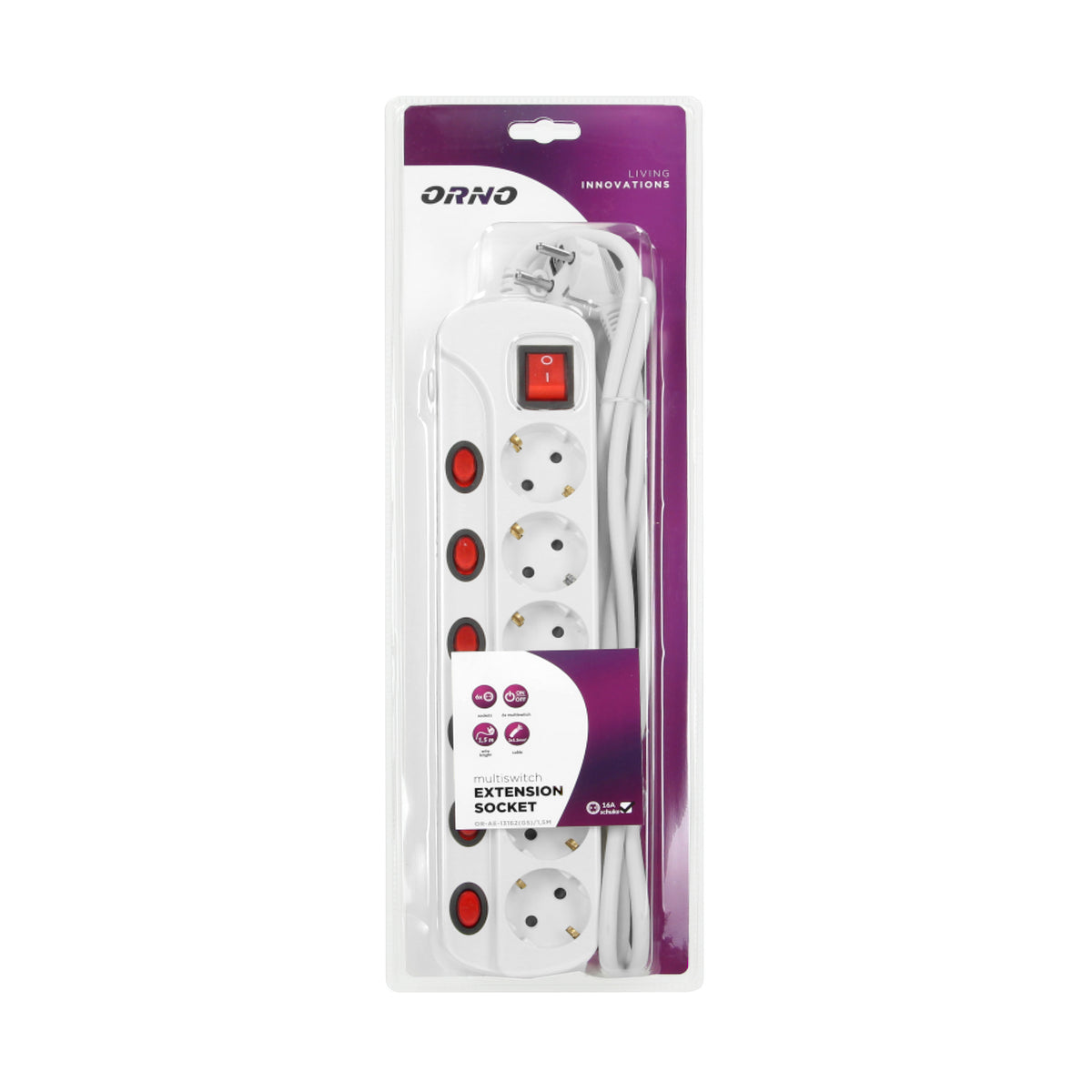 Maitinimo juosta "Multiswitch", 6 lizdai 2P+Z (schuko), laidas 3x1,5 mm², ilgis 1,5 m, su apšvietimais jungikliais: pagrindiniu dviejų grandžių ir atskirais kiekvieno lizdo jungikliais. Terminis jungiklis. 16A/230 VAC - gaukdaugiau.lt