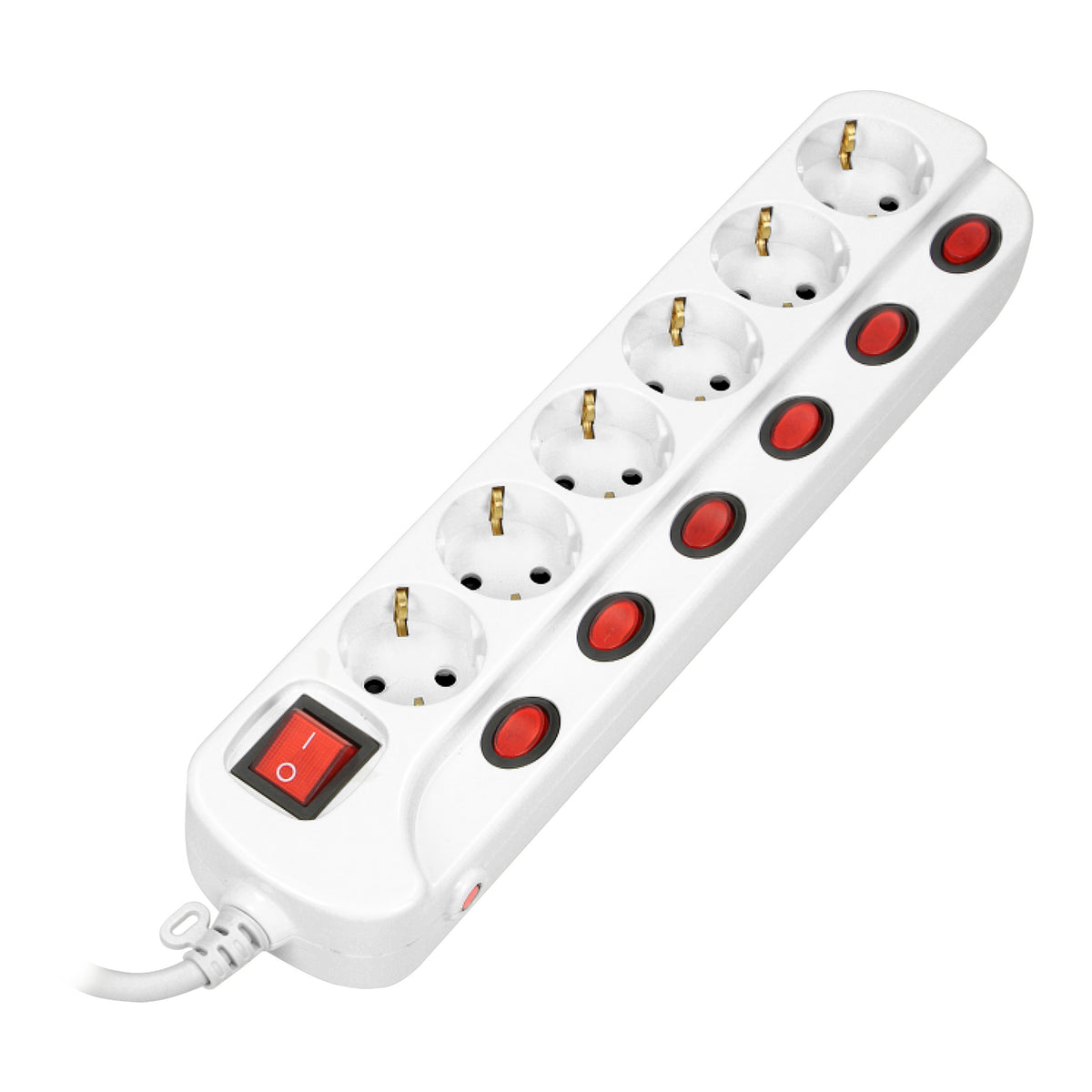 Maitinimo juosta "Multiswitch", 6 lizdai 2P+Z (schuko), laidas 3x1,5 mm², ilgis 1,5 m, su apšvietimais jungikliais: pagrindiniu dviejų grandžių ir atskirais kiekvieno lizdo jungikliais. Terminis jungiklis. 16A/230 VAC - gaukdaugiau.lt