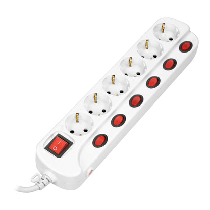 Maitinimo juosta "Multiswitch", 6 lizdai 2P+Z (schuko), laidas 3x1,5 mm², ilgis 1,5 m, su apšvietimais jungikliais: pagrindiniu dviejų grandžių ir atskirais kiekvieno lizdo jungikliais. Terminis jungiklis. 16A/230 VAC - gaukdaugiau.lt