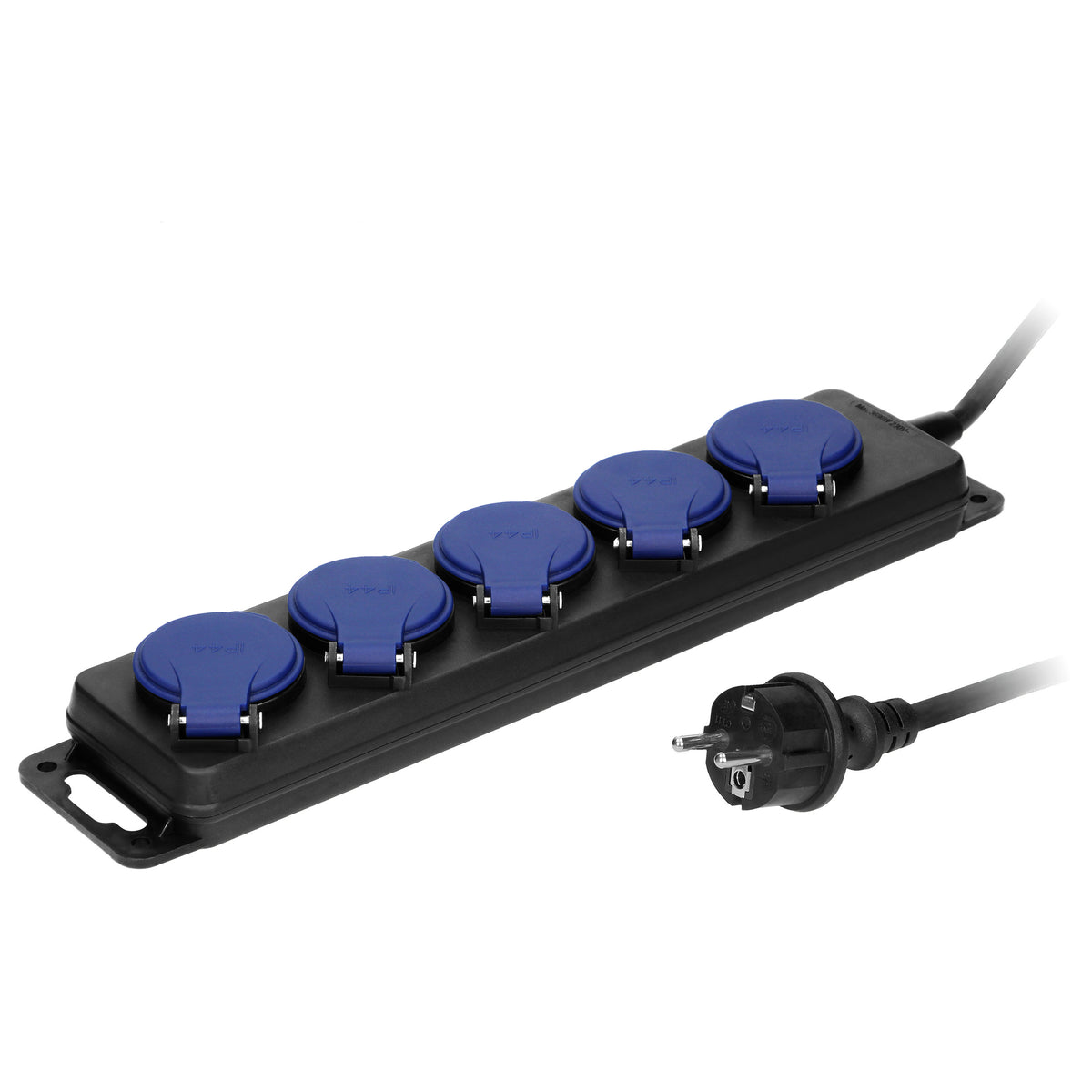 Dirbtuvinis pratęstuvas, apsaugotas nuo dulkių ir vandens IP44, 5 lizdai 2P+Z IP44, guminiu laidu, H05RR-F 3x1,5mm², ilgis 3m - gaukdaugiau.lt