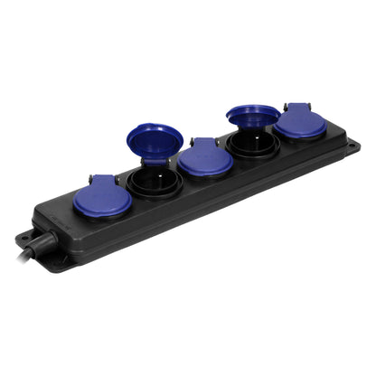 Dirbtuvinis pratęstuvas, apsaugotas nuo dulkių ir vandens IP44, 5 lizdai 2P+Z IP44, guminiu laidu, H05RR-F 3x1,5mm², ilgis 3m - gaukdaugiau.lt