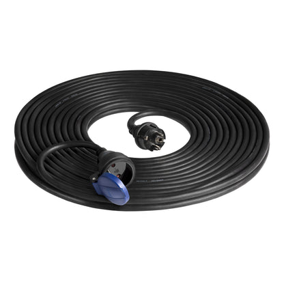 Dirbtuvinis atsparus įšlakoms pratęsiklis IP44, 1x2P+Z 20m, alyvai atsparus guminias laidas H07RN-F 3x1,5mm², 230VAC/16A - gaukdaugiau.lt