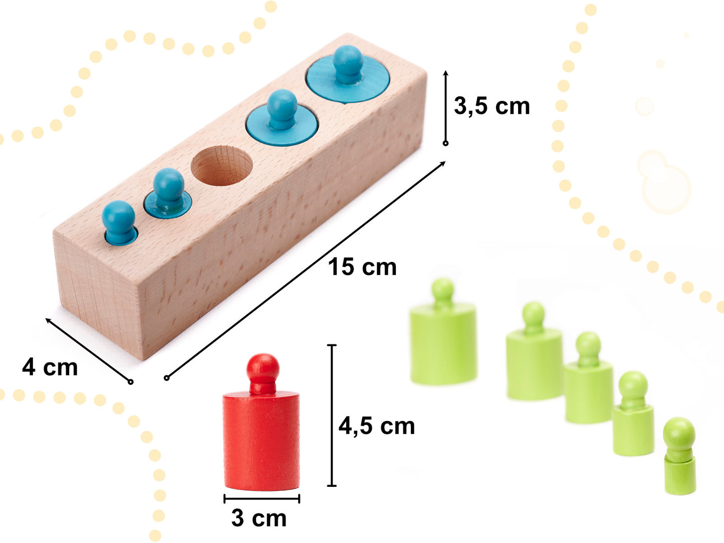 Montessori mediniai cilindriniai svarmenys spalvingi