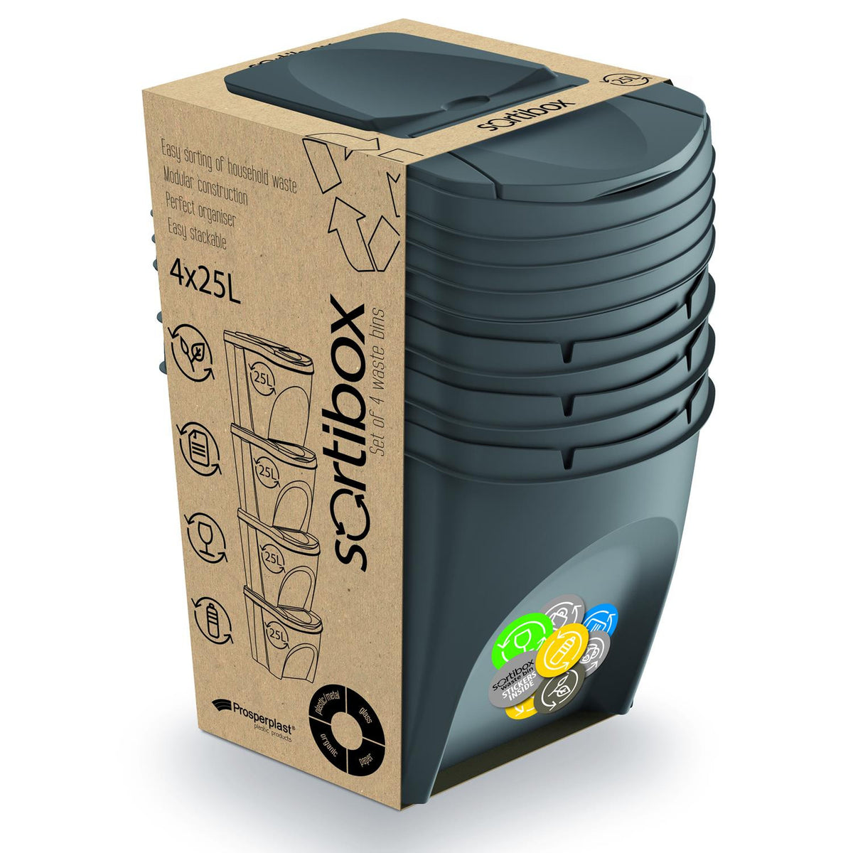 Rūšiavimo dėžių rinkinys Sortibox 4x25L pilkas - gaukdaugiau.lt