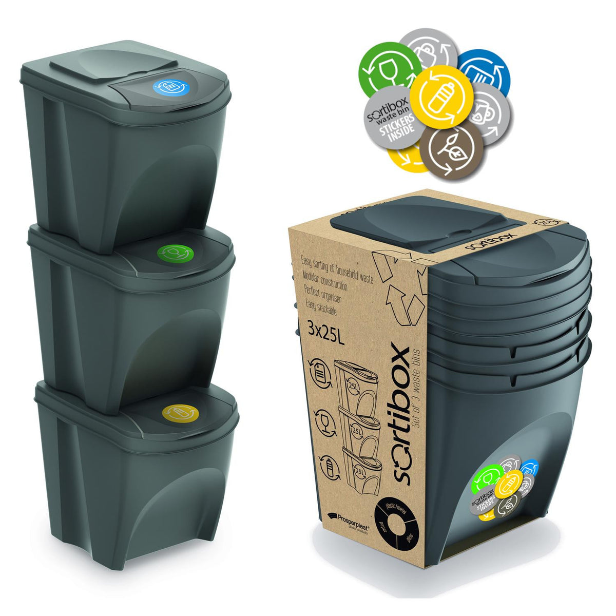 Sortavimo dėžių komplektas Sortibox 3x25L pilkas - gaukdaugiau.lt
