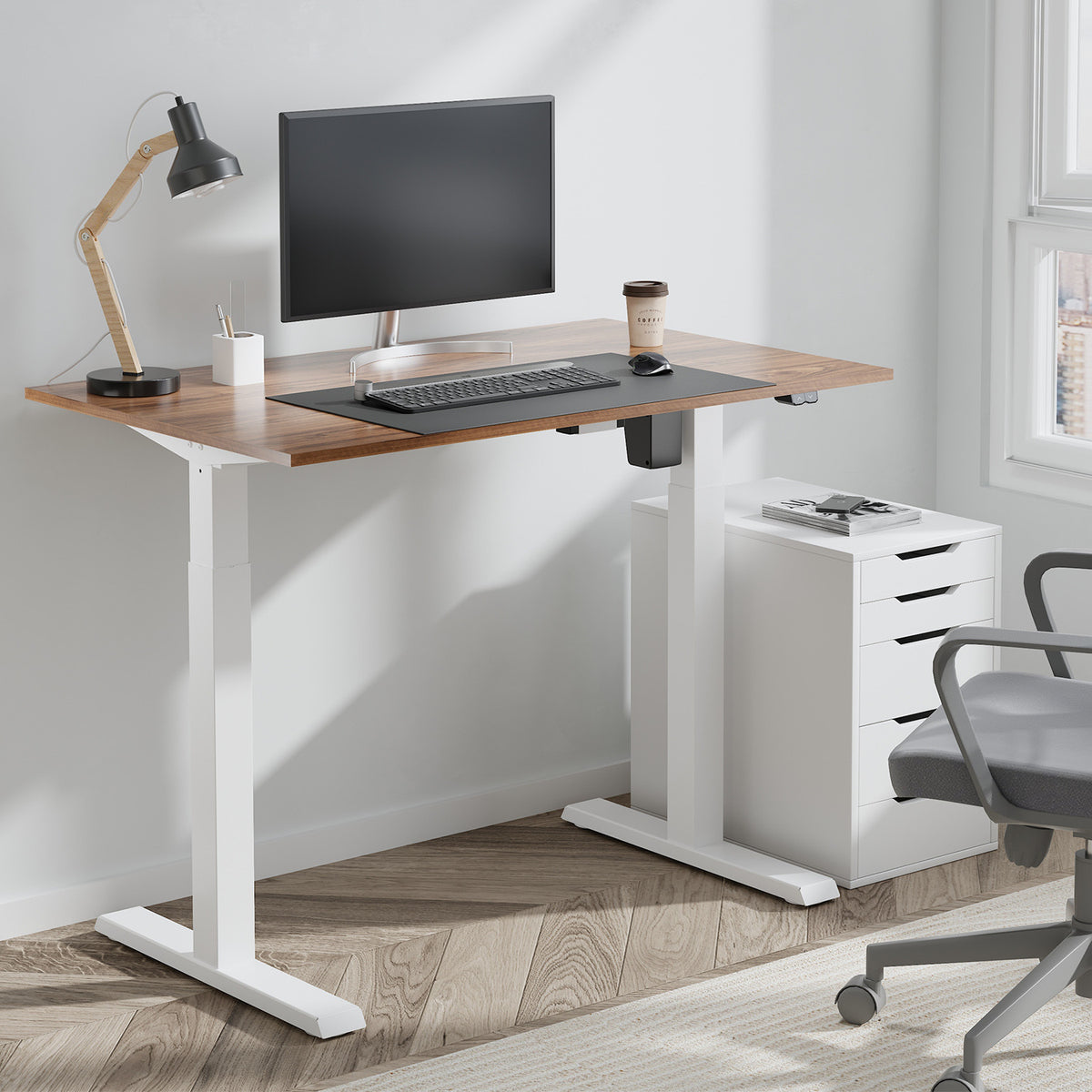 Elektriškai reguliuojamas aukščio stalas Ergo Office, maks. aukštis 123 cm, maks. apkrova - 70 kg, be stalo plokštės stovėjimo ir sėdėjimo darbo režimams, baltas, ER-403W - gaukdaugiau.lt