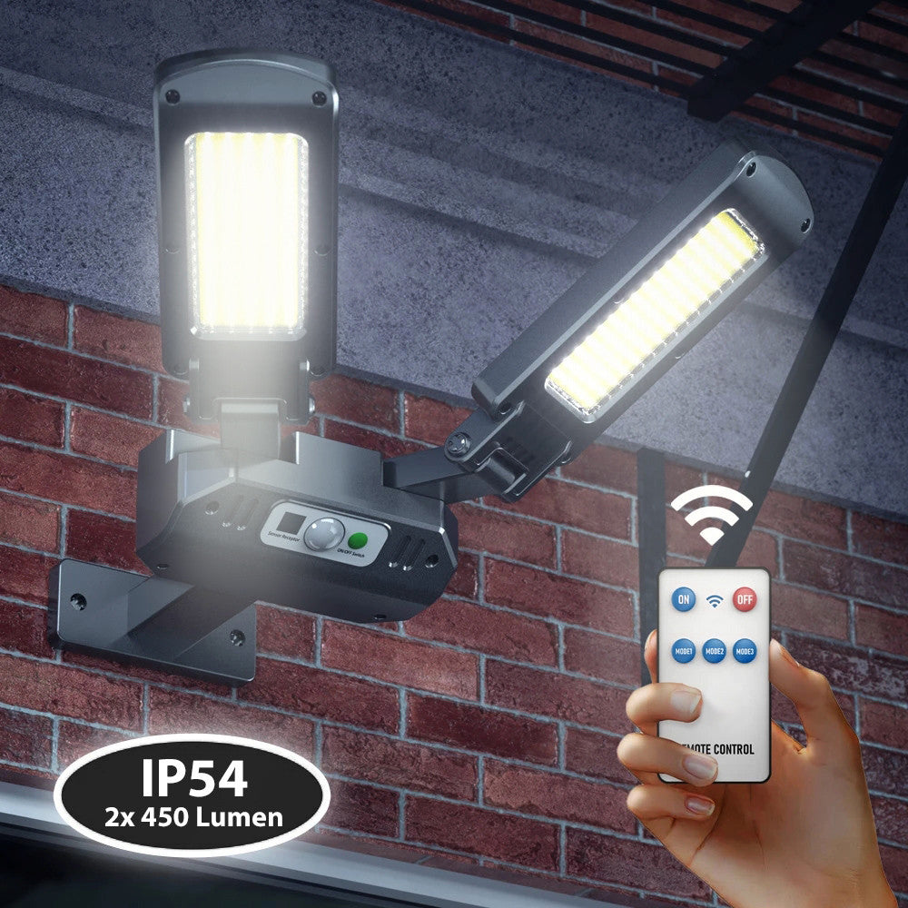 Saulės energija maitinama LED gatvės lempa su judesio jutikliu ir pulteliu PremiumLine IP54, 5W, 2x450lm, 6500K, Li-ion 2400 mAh, 3 darbo režimai MCE447 - gaukdaugiau.lt