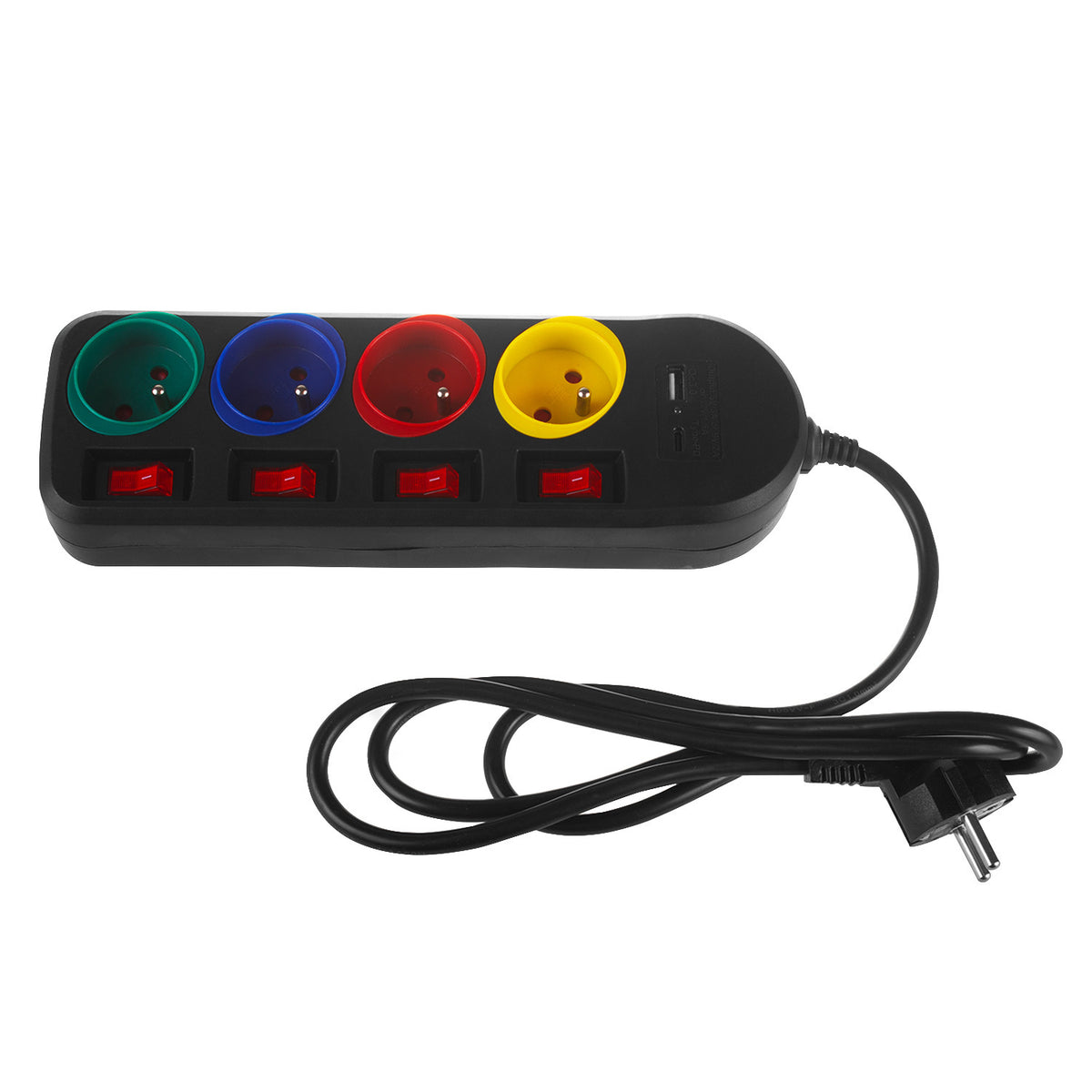 PremiumLine maitinimo juosta, 4 lizdų ir USB A / C pratęsiklis, su jungikliais, 250VAC/10A, 1.5m, juoda, MCE508 B - gaukdaugiau.lt