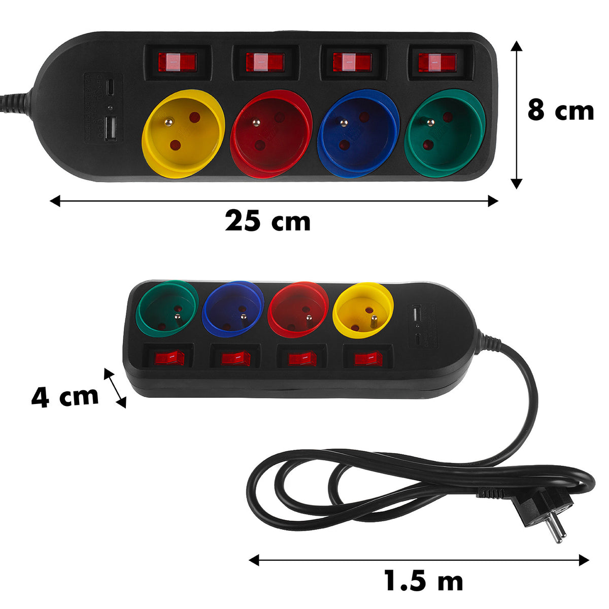 PremiumLine maitinimo juosta, 4 lizdų ir USB A / C pratęsiklis, su jungikliais, 250VAC/10A, 1.5m, juoda, MCE508 B - gaukdaugiau.lt