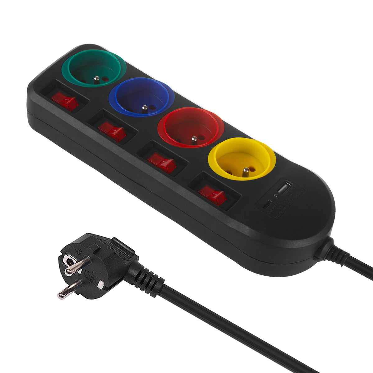 PremiumLine maitinimo juosta, 4 lizdų ir USB A / C pratęsiklis, su jungikliais, 250VAC/10A, 1.5m, juoda, MCE508 B - gaukdaugiau.lt
