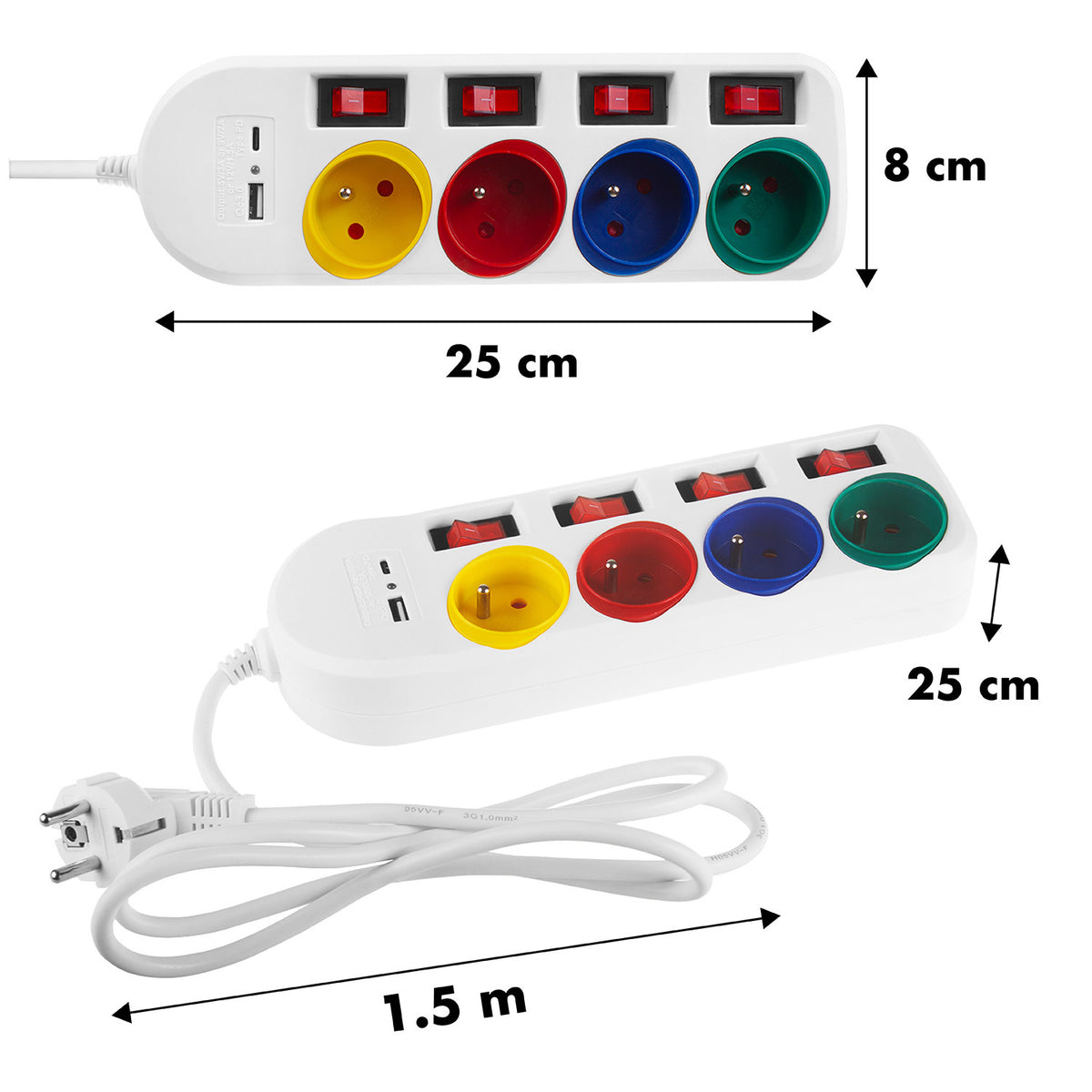Macleen maitinimo juosta, 4 lizdų ir USB A / C pratęsiklis, su jungikliais, 250VAC/10A, 1,5 m, balta, MCE508 W - gaukdaugiau.lt