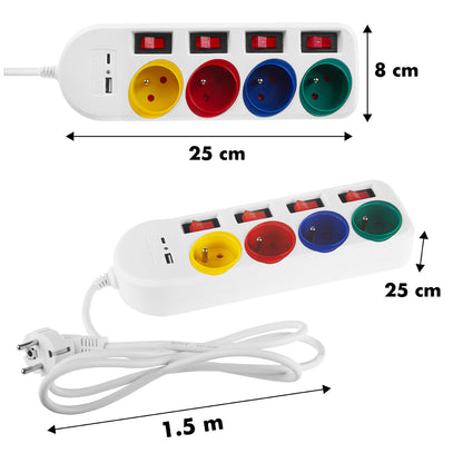 Macleen maitinimo juosta, 4 lizdų ir USB A / C pratęsiklis, su jungikliais, 250VAC/10A, 1,5 m, balta, MCE508 W - gaukdaugiau.lt